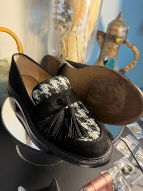 Ann Taylor Black Suede Tassel Loafers with Black-and-White Tweed Size 6M